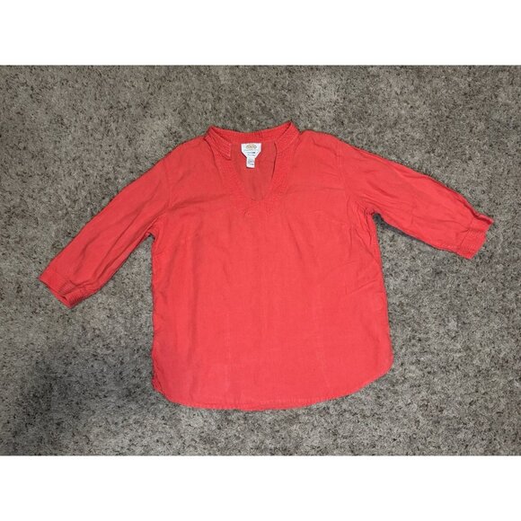 TALBOTS Red Irish Linen Vneck Popover Blouse Top Casual Basic Minimal Light L - Picture 1 of 7